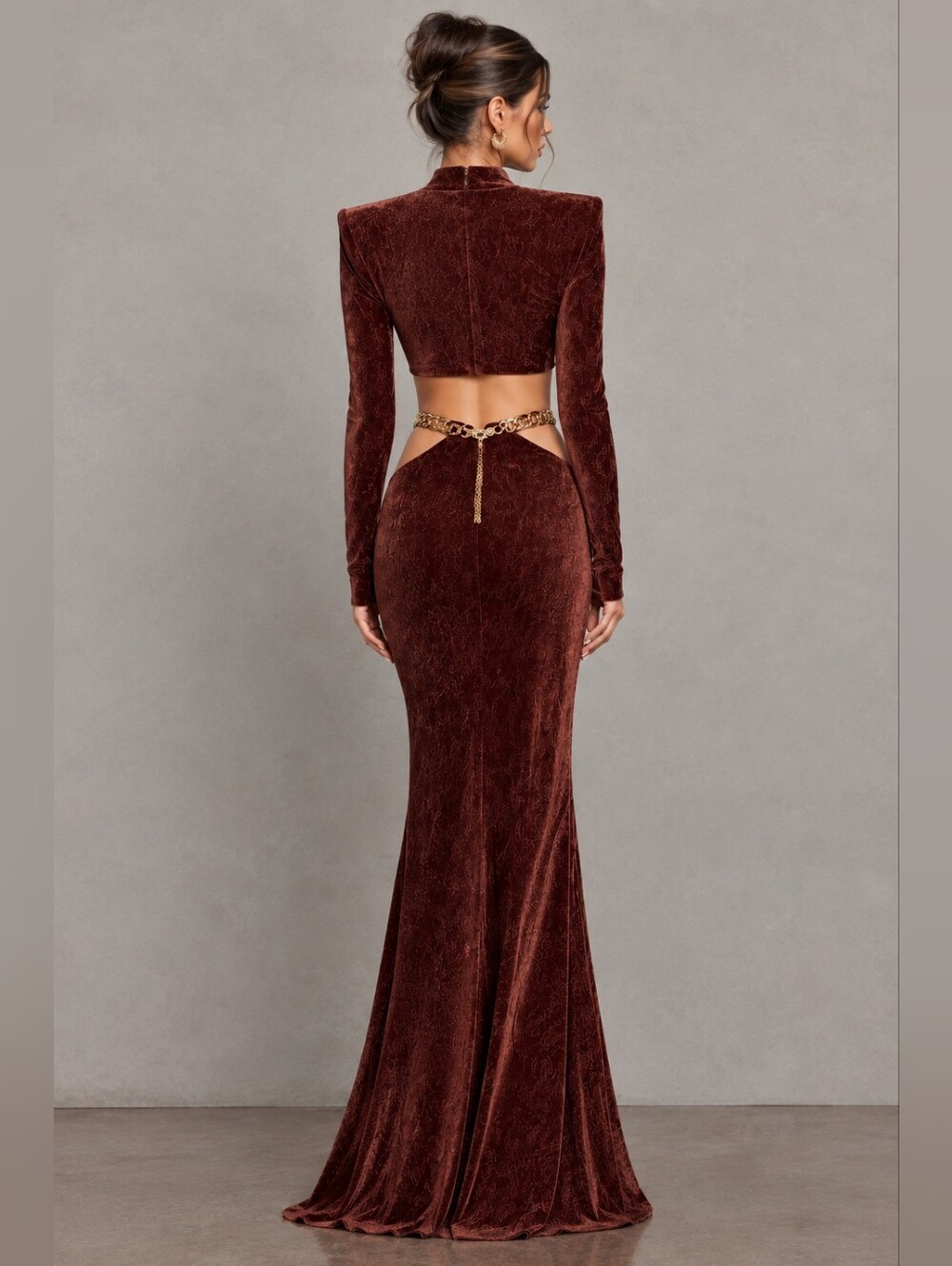 Bronx & Banco Cleopatra Rust Velvet Cutout Maxi Skirt Long Sleeve Gold Chain - Picture 3 of 15
